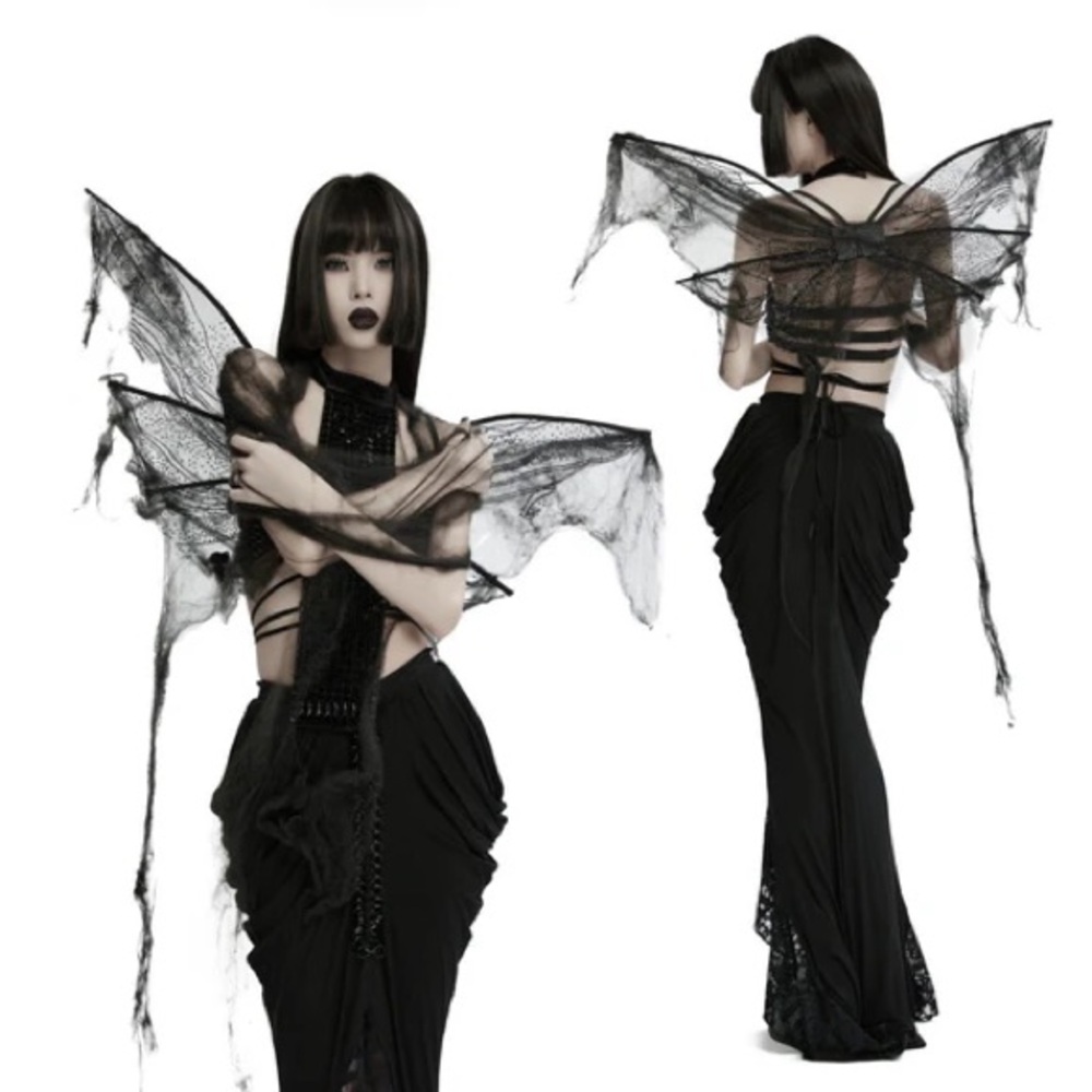 Punk Rave Gothic Moth Wings Veil Black Web Costume Halloween Cosplay Accessory